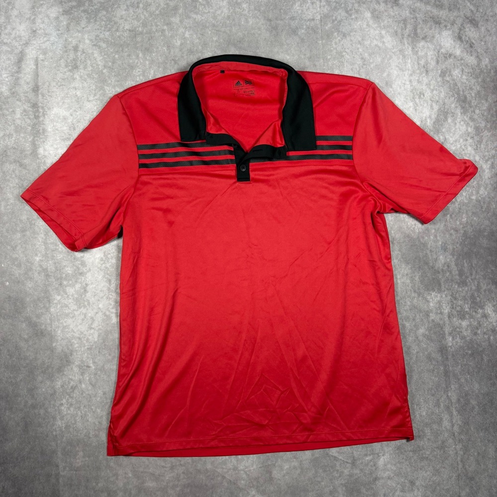Adidas Mens Large Red Black Striped‎ Short Sleeve Golf Polo Performance Shirt